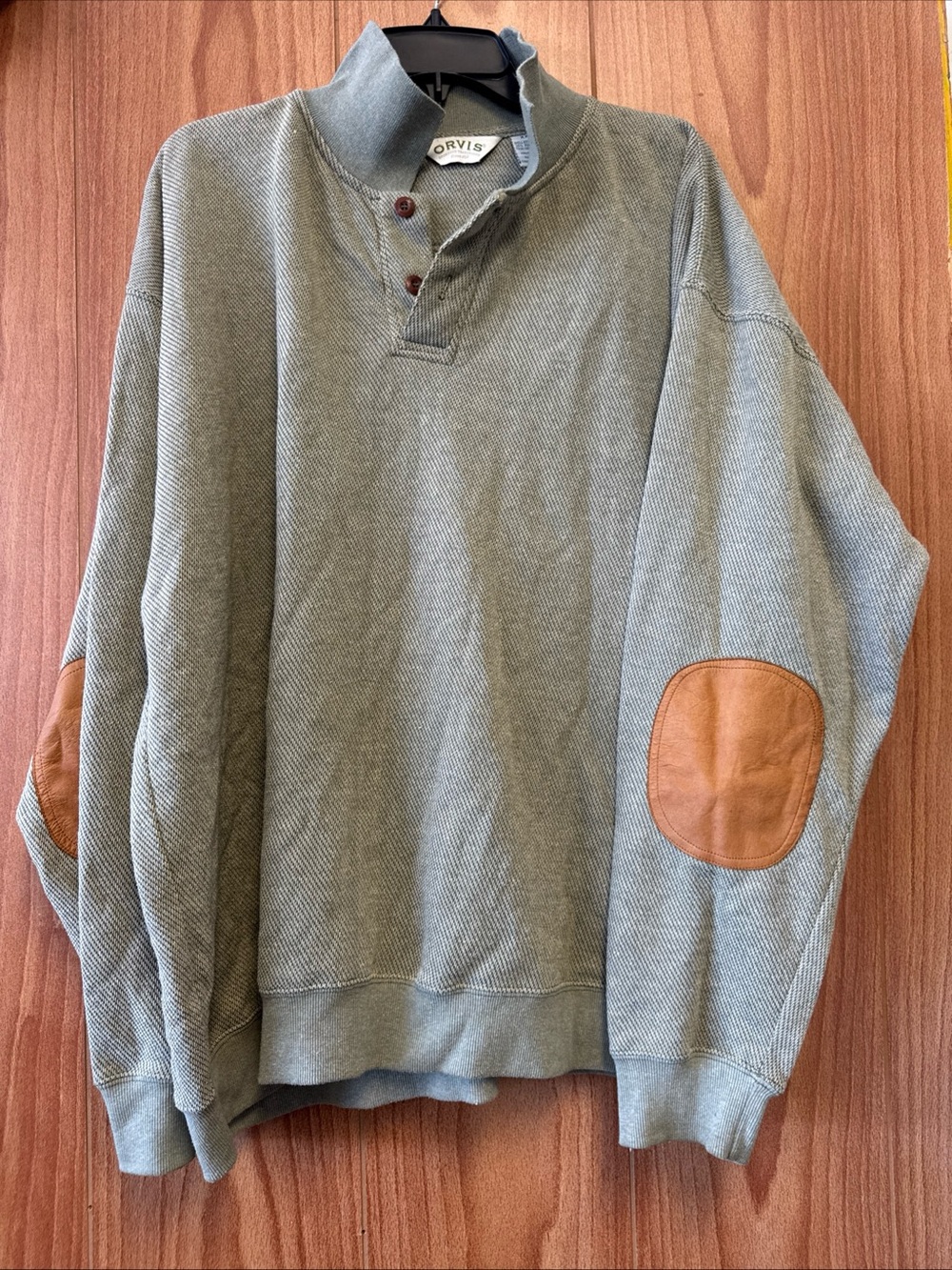 Orvis Green 1/4 Button Pullover Jacket XXL Tan Leather Elbow Patches